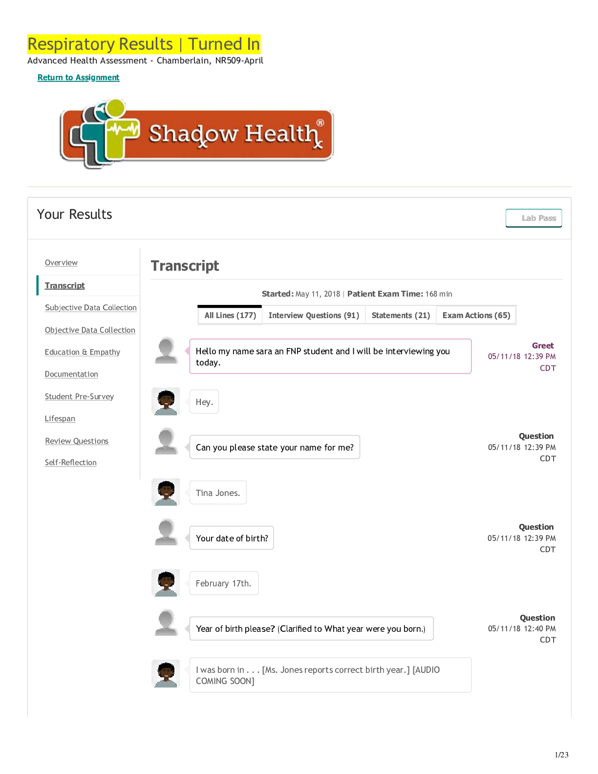 Preview image of Respiratory Transcript Tina Jones, Graded document